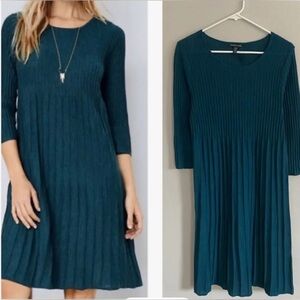 Eileen Fisher Washable Wool Teal Pleated Swing Scoopneck Sweater Dress